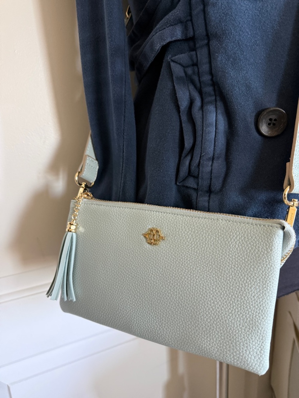 Nannette Lepore Light Blue Pebbled Leather Crossbody Triple Zip Tassel Bag